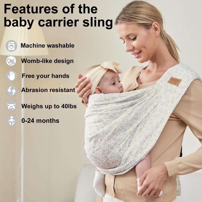 vrbabies Baby Sling Carrier Newborn  Adjustable Easy Wearing Baby Nursing Warp Sling  New Mom Dad Soft Cotton Baby Front Holder Carrier for Infant Toddler Life Travel Essential Gifts (Yellow Flower) - Image 2